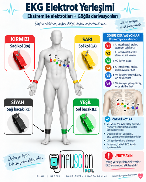 Standart 12 derivasyonlu EKG’de elektrot yerleşimi.